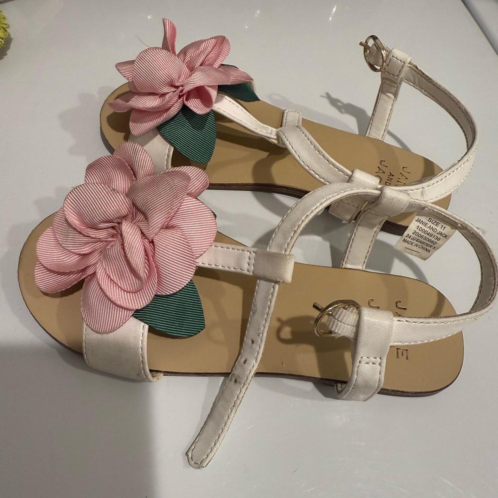 Kids Janie and Jack Floral T-Strap Sandals - Pink Flower on White